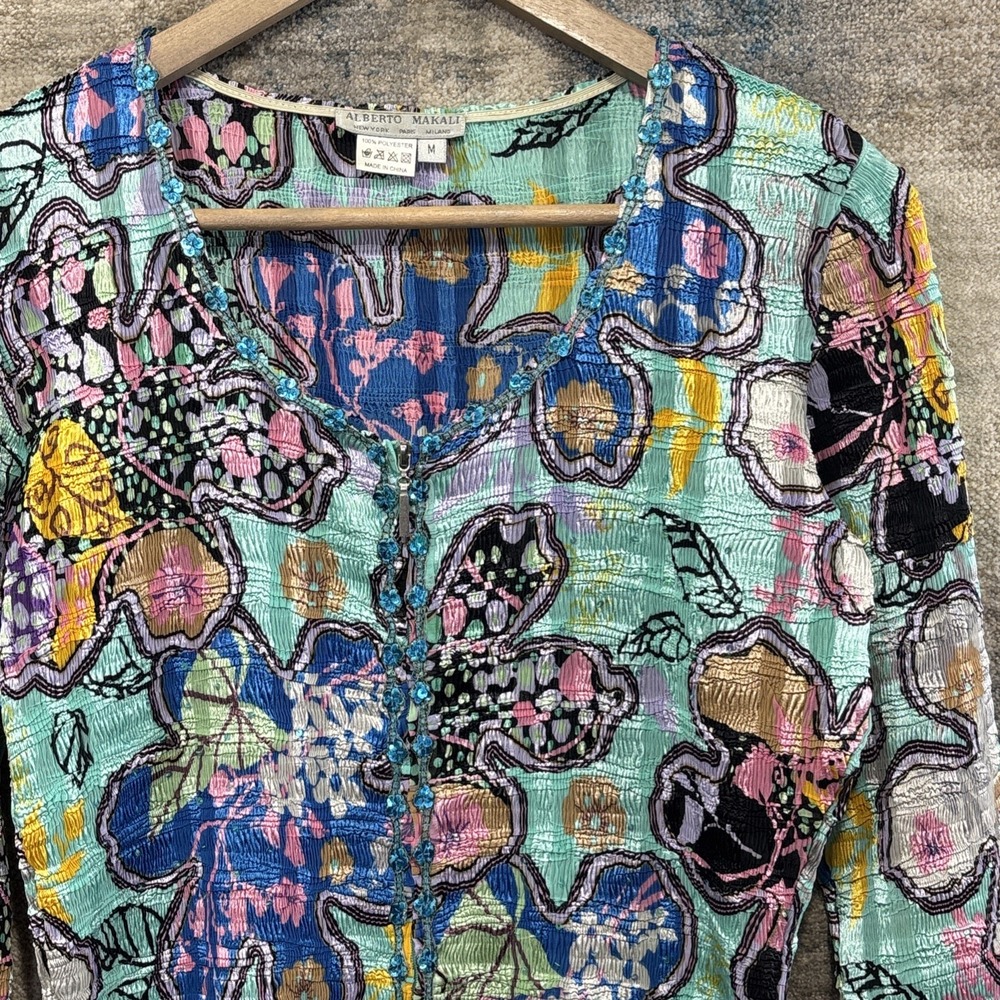 Alberto Makali Womens Blouse Medium Colorful Floral Beaded Retro Mod Art Top